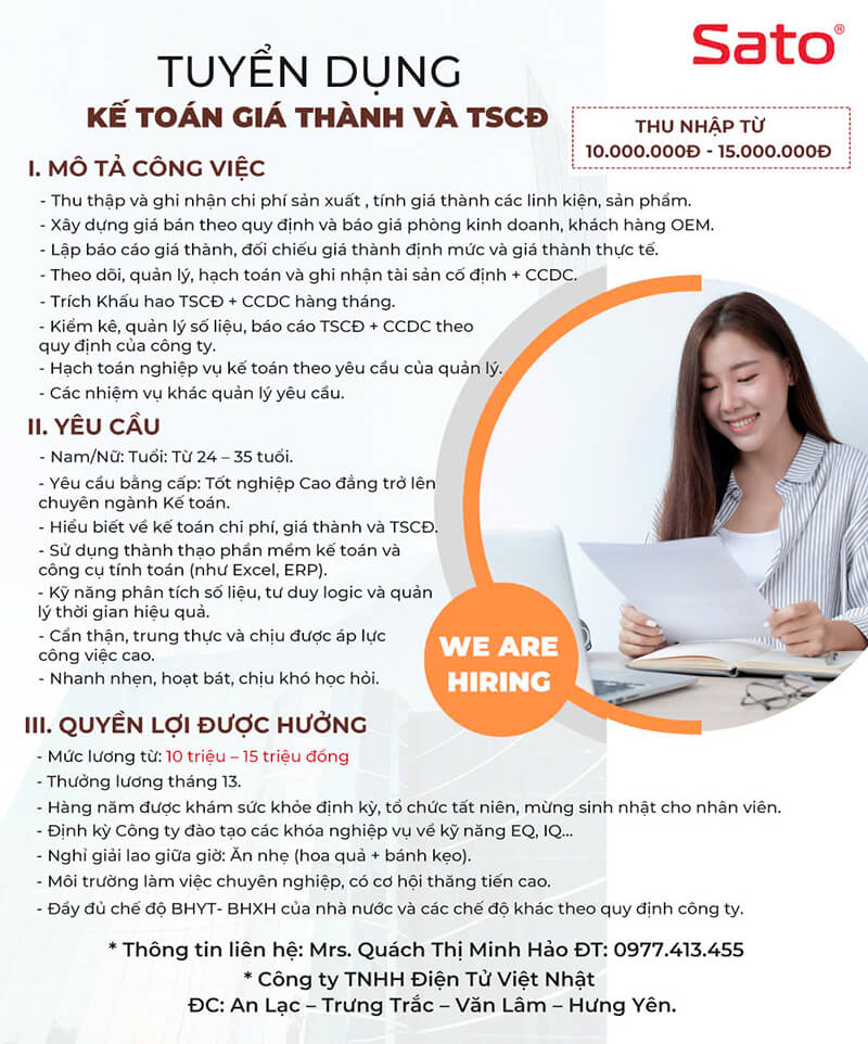 Sato tuyển dụng Kế toán giá thành 1